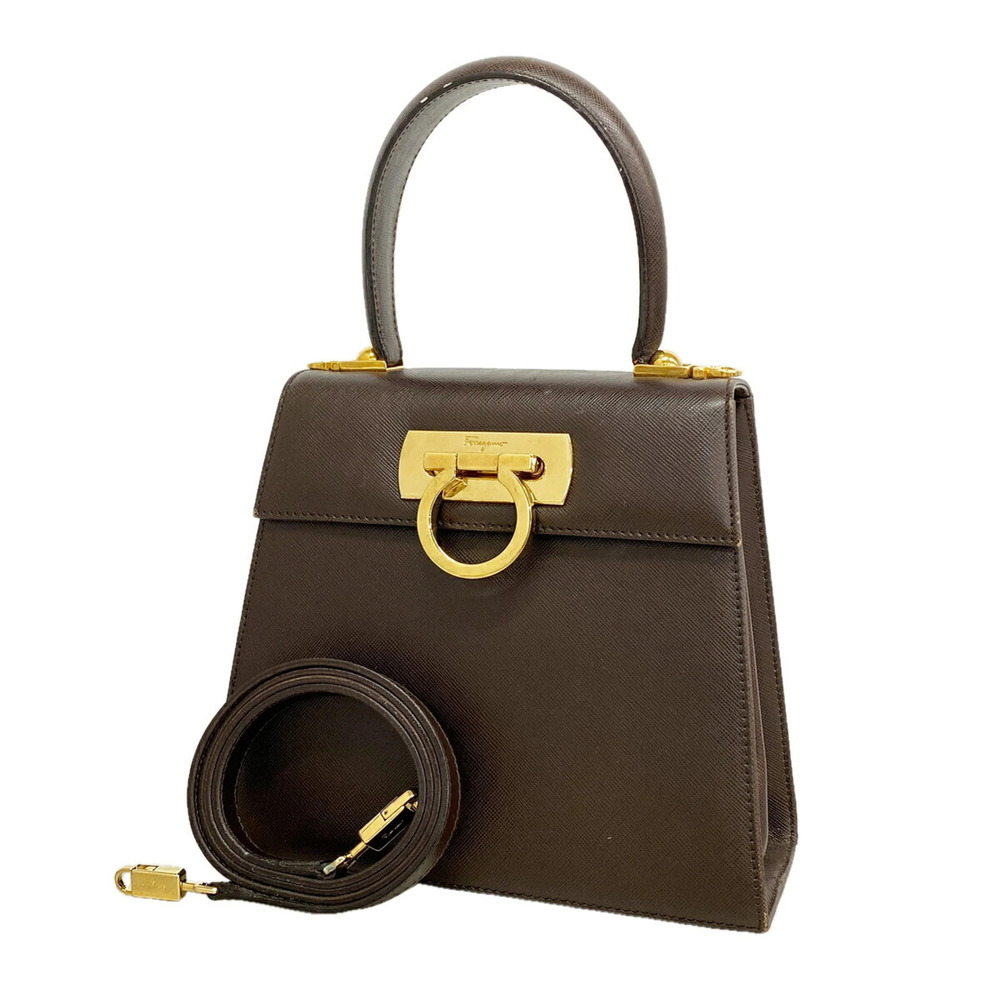 Salvatore Ferragamo Gancini Leather Handbag, Brown, 2-way Bag for Women